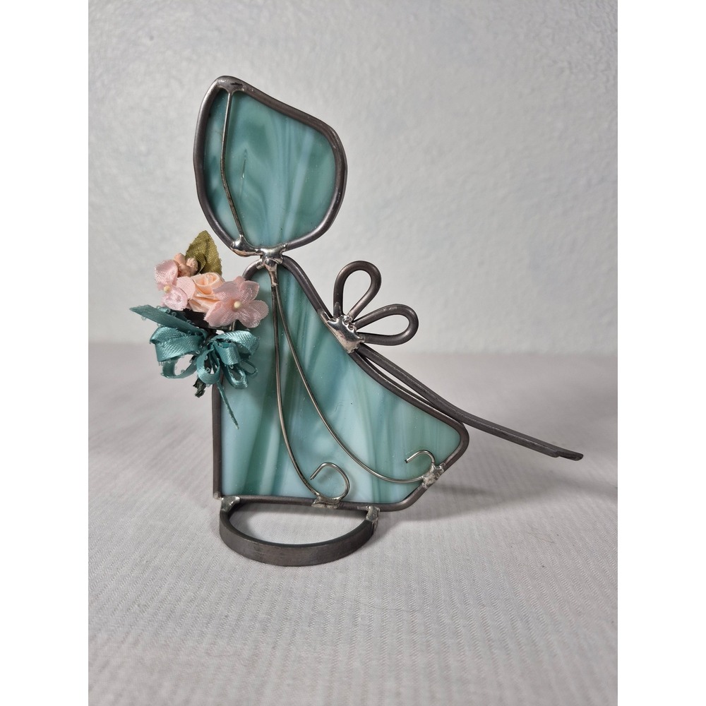 Vintage Stained Glass Sunbonnet Sue Figurine Teal Slag Glass Standing Suncatcher